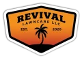 Revival Lawncare LLC sticker badge logo featuring a palm tree silhouette on an orange gradient with a white border and drop shadow